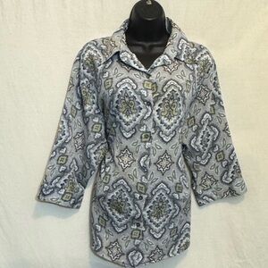 A-90 BonWorth‎ Vintage Gray Green & White 1/2 Sleeve Button Down Blouse Size XL